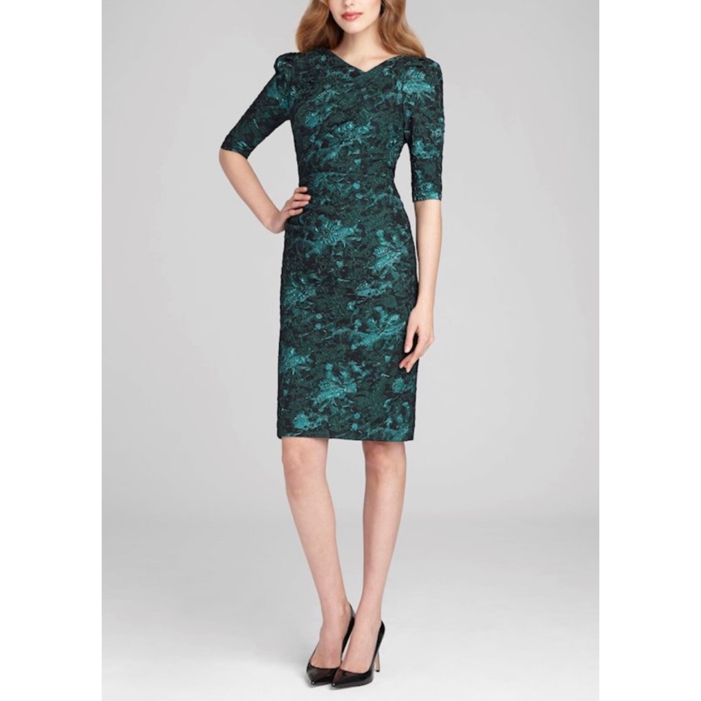 Rickie Freeman For Teri Jon Teal And Black Floral Sheath Midi Dress